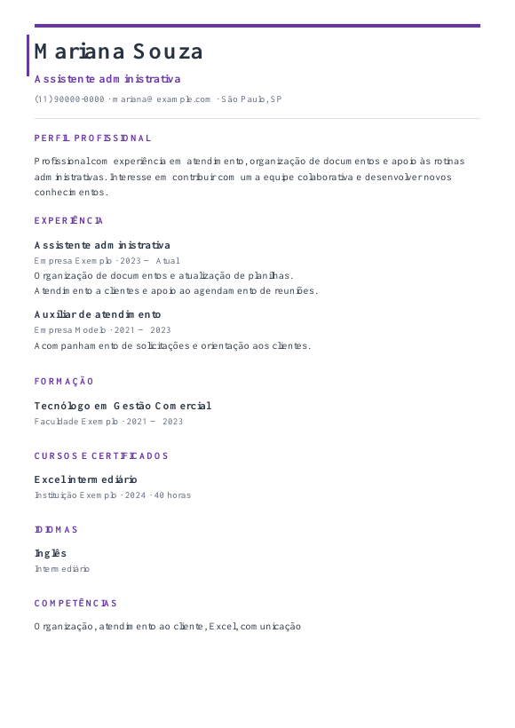 Prévia do currículo Criativo com dados de exemplo